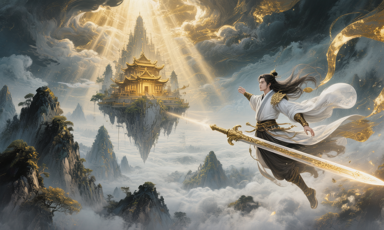 御劍修士穿越雲海，遠處懸浮仙山金殿
